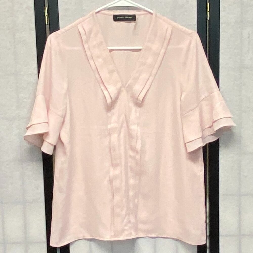 Ivanka Trump S Pink Sheer Pleated V Neck Blouse Double Ruffle Short Sleeve NWOT